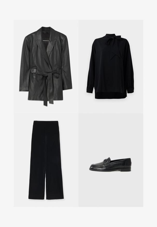 Melna ādas žakete ar iegrieztiem apkakles malām, josta viduklī un pielāgota silueta. Gluda tekstūra un minimālisks dizains. Piemērota slāņošanai.; Melna blūze ar augstu apkakli un ar šnīkeru detaļu. Garas piedurknes ar aprocēm. Izgatavota no gludas auduma ar brīvu piegriezumu.; Emporio Armani PANTALONI - Auduma bikses - nero; Melnas ādas puszābaki ar gludu virsu, iešūtu lineāru rakstu un dekoratīvu sprādzi uz priekšpuses. Zems, kvadrātveida papēdis.