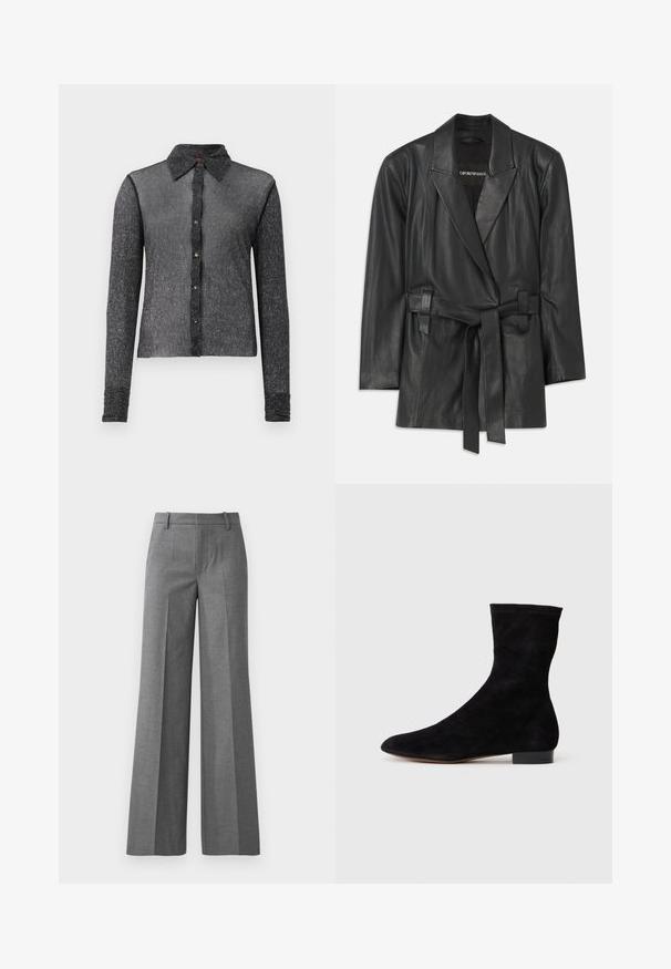 Fekete bőr blézer, kivágott gallérral, övvel a deréknál és testre szabott fazonnal. Simaság jellemzi, minimalista dizájnnal. Rétegezéshez ideális.; Fekete, hosszú ujjú ing, texturált, áttetsző anyagból készült, gombos elülső résszel és klasszikus gallérral. Finom fényességgel és testhez simuló kialakítással rendelkezik.; Szürke, bő szárú nadrág texturált anyagból. Elülső redők, testre simuló derék és fényes felület jellemzi, ideális formális környezetekhez.; Fekete velúr bokacsizma, illeszkedő szárral, hegyes orral és alacsony blokk sarokkal. Simább felület és minimalista dizájn, amely sokoldalú stílushoz megfelelő.