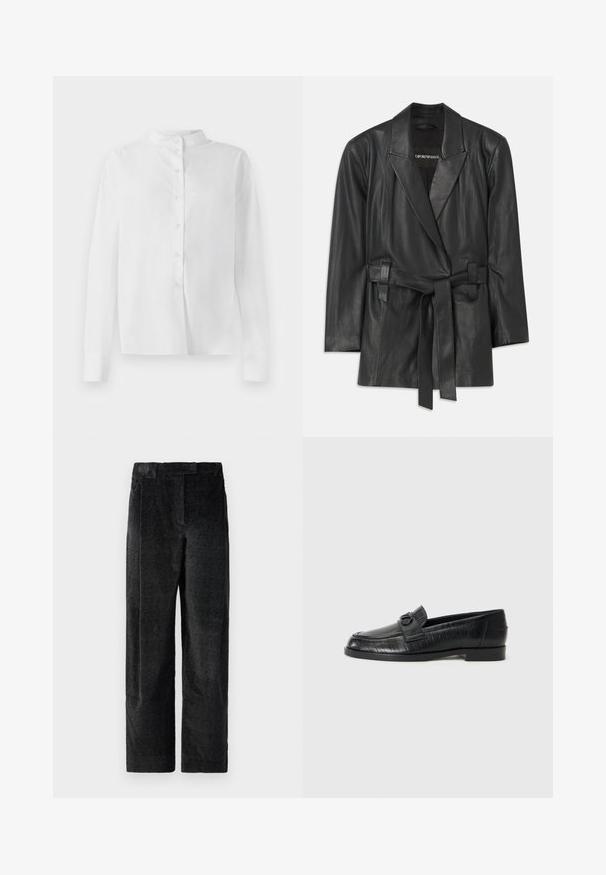 Melna ādas žakete ar iegrieztiem apkakles malām, josta viduklī un pielāgota silueta. Gluda tekstūra un minimālisks dizains. Piemērota slāņošanai.; Balta garām piedurknēm pogājamā krekls ar mandarin apkakli un slēptu pogu plati, attēlots uz balta fona.; Melnas, teksturētas platajās bikses ar izteiktu audumu, kas ietver priekšējos krokas un plakanu jostasvietu. Klasisks dizains daudzpusībai.; Melnas ādas puszābaki ar gludu virsu, iešūtu lineāru rakstu un dekoratīvu sprādzi uz priekšpuses. Zems, kvadrātveida papēdis.