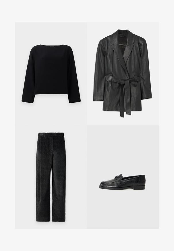 Musta nahkablazeri, jossa on viilletty kaulus, vyötärölle sidottu vyö ja räätälöity muoto. Suora tekstuuri ja minimalistinen muotoilu. Sopii kerrospukeutumiseen.; Musta pitkähihaisen paita, jossa on pyöreä kaula-aukko, valmistettu sileästä kankaasta. Muotoilu on lyhennetty ja suora helman kohdalla. Minimalistinen tyyli.; Mustat, teksturoidut leveät housut, joissa on voimakas kudonta, etupleatit ja litteä vyötärö. Klassinen muotoilu monipuolisuutta varten.; Mustat nahkaiset loaferit, joissa on sileä pinta, kohokuvioitu viivakuvio ja koristeellinen solki varvaskappaleessa. Matala, lohkareilu korko.