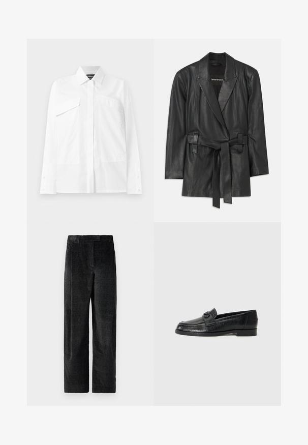 Juodas odinis švarkas su iškirptu apykakle, diržu ant liemens ir pritaikytu įdėjimu. Lygus paviršius ir minimalizmo dizainas. Tinkamas sluoksniavimui.; Balta marškiniai su apykakle, dviem krūtinės kišenėmis ir ilgomis rankovėmis su mygtukais. Lygus audinys su minimalia tekstūra.; Juodos, tekstūruotos plačios kelnės su išreikšta audimo struktūra, turinčios priekinę klostę ir plokščią juosmenį. Klasikinis dizainas, skirtas universalumui.; Juodos odinės loafers tipo avalynės su lygia viršutine dalimi, iškilniu linijiniu raštu ir dekoratyvia užsegimu ant vampo. Žemas, stačiakampis kulnas.
