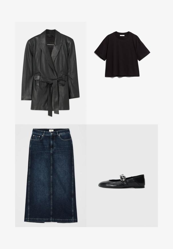 Svart läderblazer med snibbkrage, bälte vid midjan och skräddarsydd passform. Slät textur och minimalistisk design. Lämplig för lager-på-lager.; Svart bomullskortärmad t-shirt med rund halsringning och korta ärmar. Har en avslappnad passform och en enkel, odekorerad design.; Mörk denimkjol med rak form, knälång. Har framfickor, dragkedjestängning och subtila sömnadsdetaljer längs sömmarna.; Svarta läderballetskor med spetsig tå, med en rem som har en rund metallspänne och en platt sula.