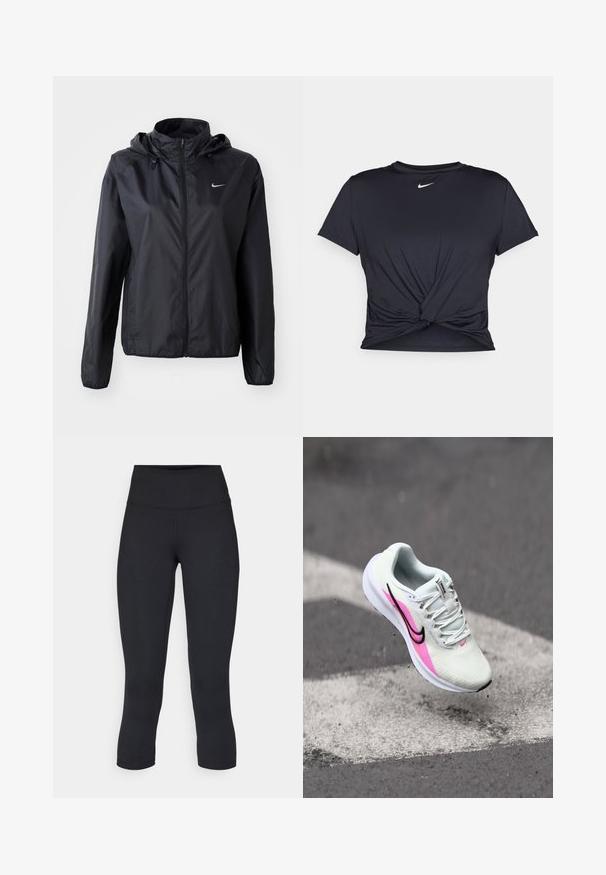 Jachetă ușoară, neagră, de la Nike, cu glugă. Fabricată dintr-un material neted, are fermoar frontal și un mic logo pe partea stângă a pieptului.; Tricou sport negru din material neted, cu un design frontal legat și un mic logo Nike alb pe piept.; Leggings negre scurte, fabricate dintr-un material elastic, având o talie înaltă și o textură netedă, fără modele sau accesorii vizibile.; Adidași ușori pentru alergare din plasă albă, cu accente roz și negre, cu toc ridicat și talpă texturată, poziționați în aer deasupra pavimentului.