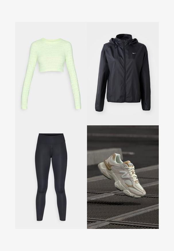 Nike black lightweight jacket with a hood. Made of smooth fabric, featuring a front zipper and a small logo on the left chest.; Light green long-sleeve crop top with all-over "NIKE PRO" text pattern. Fitted, smooth texture, rounded neckline, and snug sleeves.; Black leggings made of smooth, stretchy fabric. High waist with no visible patterns or accents. Fit closely from waist to ankles.; Cream and beige sneaker featuring mesh and suede materials, prominent "N" logo, padded collar, and textured rubber sole, suspended above a grid surface.