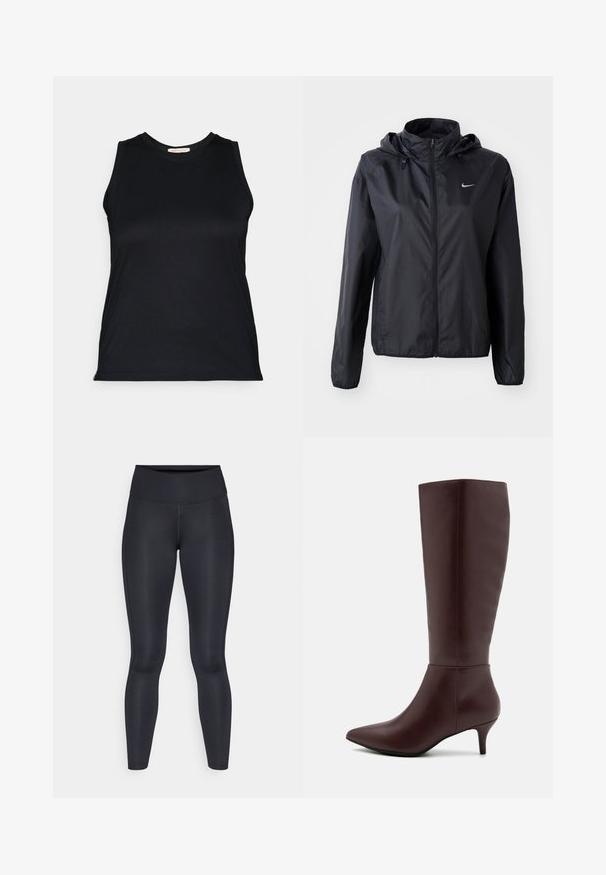 Nike melna viegla jaka ar kapuci. Izgatavota no gludas auduma, ar priekšējo rāvējslēdzēju un nelielu logo pa kreisi krūšu daļā.; Melnā bez piedurknēm topā, gludā, elastīgā audumā ar apaļu kakla izgriezumu un pieguļošu dizainu, piedāvājot tīras līnijas un bez redzamām detaļām.; Melnas legingi, izgatavoti no gludas, elastīgas auduma. Augsts jostasvieta bez redzamām rakstiem vai akcentiem. Cieši pieguļ no jostas līdz potītēm.; Anna Field Zābaki - dark purple