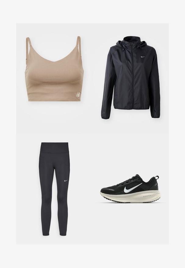 Casaco leve preto da Nike com capuz. Feito de tecido suave, com um fecho frontal e um pequeno logotipo no lado esquerdo do peito.; New Balance HARMONY LIGHT SUPPORT - Top - mushroom; Leggings pretos feitos de tecido elástico, com uma cintura alta e um logo branco da Nike na coxa esquerda. Textura suave, design ajustado ao corpo.; Sapatilha de corrida Nike preta com parte superior de malha respirável, logotipo Swoosh branco, detalhes texturizados e uma entressola ZoomX na cor creme.