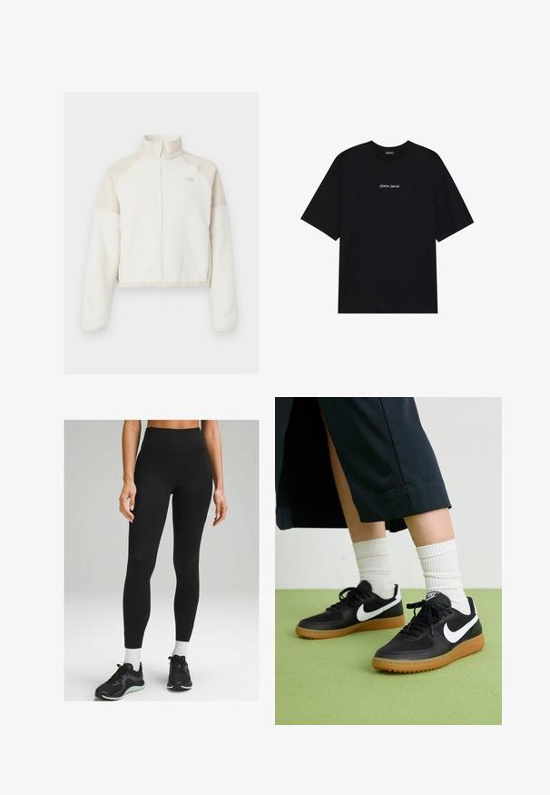 Kratka flis jakna v off-white barvi s svetlo bež akcenti, s celotnim zadrgo, visokim ovratnikom in vezenim logotipom na prsih. Mehka tekstura.; Črna bombažna majica s ohlapnim dizajnom. Ima kratke rokave in zaobljen izrez. Na sprednji strani je osrednji napis "Pozitivno Iskreno" v beli barvi.; Črne visokorasle legice iz raztegljivega materiala, z elegantnim dizajnom, gladko teksturo in diskretno stransko dekoracijo. Ujemajo se z črnimi športnimi čevlji.; Črne usnjene in sintetične superge z belim Nike swooshom, gumo na podplatu, okroglo konico ter črnimi vezalkami. Vidne so rebraste bele nogavice.