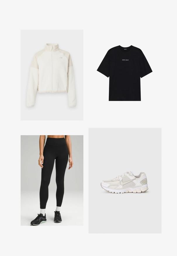 Rövidített, világos krémszínű gyapjúpulóver világos bézs részletekkel, teljes cipzárral, magas gallérral és hímezett logóval a mellen. Puha tapintású.; Fekete pamut póló laza fazonnal. Rövid ujjú és kerek nyakú. Fehér "Positive Sincere" felirat középen a mellrészen.; Fekete, magas derekú leggings rugalmas anyagból, karcsú dizájnnal, sima textúrával és apró oldalsó részletezéssel. Fekete sportcipővel párosítva.; Fehér sportcipő hálós és szintetikus anyagokból. Texturált mintázattal, párnázott bokarésszel és geometrikus díszítéssel a sarkán.