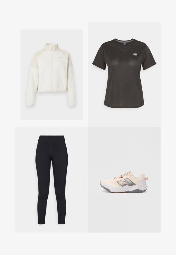 Skraćena flis jakna u off-white boji s svijetlosmešavim akcentima, puni zip, visoki ovratnik i izvezeni logotip na prsima. Mekana tekstura.; Crna atletska majica s kratkim rukavima, izrađena od lagane tkanine. Ima suptilan teksturirani uzorak i mali bijeli logo na prsima.; Crne tajice visokog struka napravljene od rastezljivog materijala, s glatkom teksturom i uskim dizajnom koji se proteže do gležnjeva.; Svijetlosmeđi atletski tenisice sivoj potplatu, tamnosiva "N" oznaka i maroon akcenti, prikazana s lijeve strane na bijeloj pozadini.