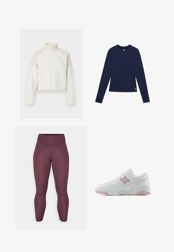 Chaqueta de forro polar corta en blanco roto con detalles en beige claro, cremallera completa, cuello alto y logo bordado en el pecho. Textura suave.; Camisa de manga larga de color navy hecha de tela elástica, con un escote redondeado, mangas raglán y un pequeño logo cerca del dobladillo.; Leggings de tiro alto y ajustados en un rico color burdeos. Fabricados con un tejido suave y elástico sin patrones visibles ni herrajes.; Zapatilla deportiva blanca con acentos en rosa. Presenta cuero suave, secciones perforadas y una suela de goma gruesa. Los cordones son de estilo estándar.
