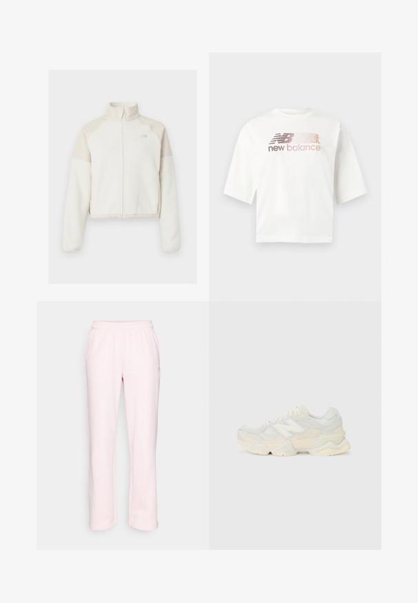 Kort fleecejacka i off-white med ljusbeiga detaljer, full dragkedja, hög krage och broderad logotyp på bröstet. Mjuk textur.; Vit t-shirt med korta ärmar i bomull, med en gradientlogotyp i rosa och grått och texten "new balance" under logotypen.; Ljusrosa sweatpants i mjukt material, med elastisk midja och rak benform. Ingen fickor eller synliga detaljer av metall.; Lättviktig sneaker med en ovandel av mesh och mocka i mjuka krämfärger, med en rejäl sula och tredimensionella detaljer.