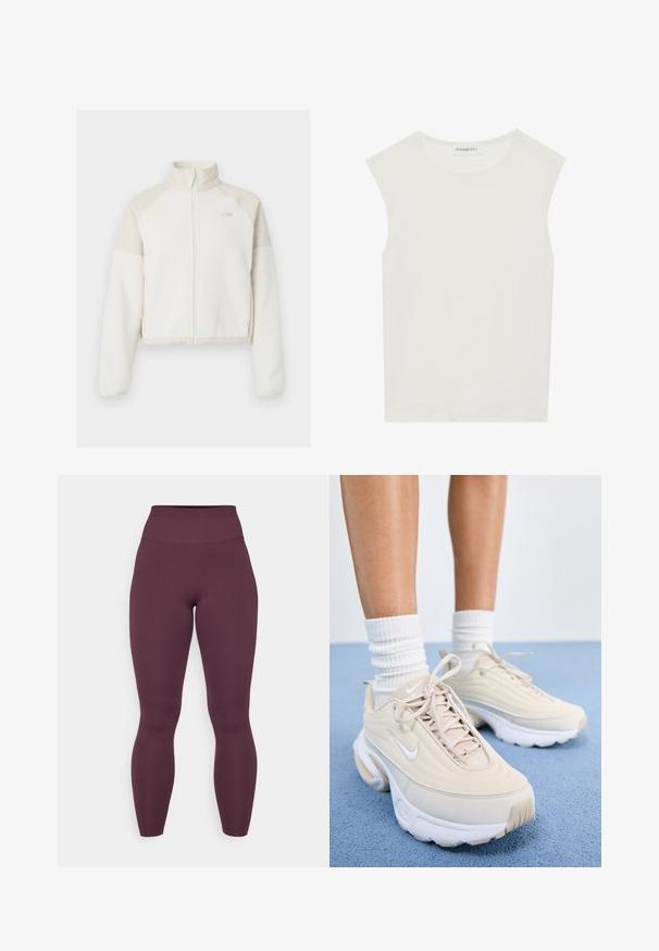 Przycięta kurtka polarowa w kolorze off-white z jasnobeżowymi akcentami, z pełnym zamkiem, wysokim kołnierzem i haftowanym logo na klatce piersiowej. Miękka faktura.; Biała bezrękawnik z okrągłym dekoltem. Wykonana z gładkiego materiału, ma luźny krój i minimalistyczny design. Bez wzorów ani akcentów.; Bordowe legginsy z wysokim stanem, wykonane z gładkiego, elastycznego materiału. Model o pełnej długości, bezszwowy w talii, bez widocznych elementów metalowych ani wzorów.; Beżowe buty sportowe z teksturowaną cholewką, białymi sznurowadłami i grubą białą podeszwą. Design charakteryzuje się subtelnymi krzywiznami i małym logo.