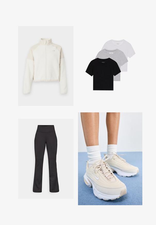 Afskåret fleecejakke i off-white med lyse beige accenter, fuld lynlås, høj krave og broderet logo på brystet. Blød tekstur.; Sæt af tre kortærmede t-shirts i sort, grå og hvid. Fremstillet af bomuld, har en rund hals og et enkelt, ensfarvet design.; Sorte flared yoga leggings lavet af strækbart materiale. Høj talje, glat tekstur og ingen synlige mønstre eller hardware detaljer.; Beige sportsko med en struktureret overdel, hvide snørebånd og en tyk hvid sål. Designet har subtile kurver og et lille logo.