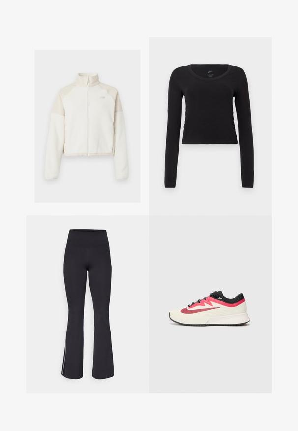 Rövidített, világos krémszínű gyapjúpulóver világos bézs részletekkel, teljes cipzárral, magas gallérral és hímezett logóval a mellen. Puha tapintású.; Hosszú ujjú, rövid fazonú póló tiszta fekete pamutból. Kerek nyakkivágással és enyhe oldalsó ráncolási részlettel rendelkezik, amely szorosabb megjelenést kölcsönöz.; Fekete, bővülő nadrág, magas derékkal, rugalmas anyagból készült. Simább textúrával és fehér oldalsávokkal rendelkezik az varrás mentén.; Futócipő krém színű felsőrésszel, piros és fekete kiegészítőkkel, valamint texturált felülettel. Fekete fűzőkkel és párnázott talppal a kényelem érdekében.