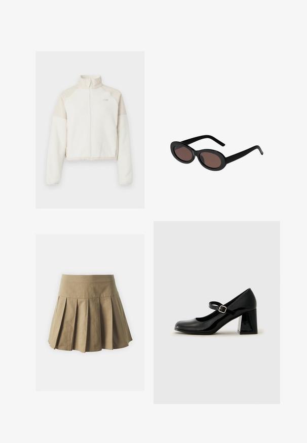 Kirptas polarinis džemperis off-white spalvos su šviesiai kreminiais akcentais, visiškai užtraukiama užtrauktuku, aukštu apykakle ir siuvinėtu logotipu ant krūtinės. Minkšta tekstūra.; Rudas, su ilgomis rankovėmis, grioveliais dekoruotas viršus su apvaliu iškirpimu. Pagamintas iš lygaus, elastingo audinio, su prigludusia siluetu ir minimaliais akcentais.; Chaki plisuota sijoną su prigludusia juosmeniu, pagaminta iš medvilnės audinio, pasižyminti vienodu tekstūra ir platėjančiu, trumpu dizainu.; Juoda blizgi lakinės odos Mary Jane bateliai su apvaliu pirštu, reguliuojama juosta ir storu stačiakampiu kulnu. Lygi tekstūra su blizgiu paviršiumi.; Juodos ovalinės saulės akiniu su rudos spalvos tintuota stiklais. Yra storesni plastikiniai rėmeliai ir plonesnės, lenktos kojos. Sklandus paviršius visame gaminyje.