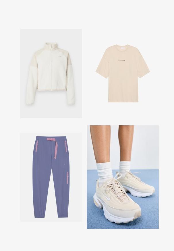 Strihaná fleecová bunda v off-white farbe s svetlo béžovými akcentmi, plný zips, vysoký golier a vyšívané logo na hrudi. Mäkká textúra.; Béžové bavlnené tričko s voľným strihom, krátkymi rukávmi a zaobleným výstrihom. Na prednej strane je v čiernej farbe vytlačený nápis "Positive Sincere".; Even&Odd active Outdoorové nohavice - blue/grey; Béžové športové topánky s textúrovaným zvrškom, bielymi šnúrkami a hrubou bielou podrážkou. Dizajn obsahuje jemné krivky a malé logo.