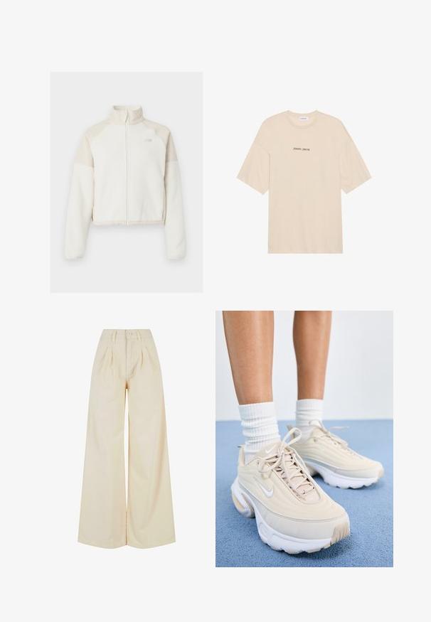 Skraćena flis jakna u off-white boji s svijetlosmešavim akcentima, puni zip, visoki ovratnik i izvezeni logotip na prsima. Mekana tekstura.; Bež majica od pamuka s ležernim krojem, kratkim rukavima i zaobljenim izrezom. Na prednjoj strani ispisano "Pozitivno Iskreno" u crnoj boji.; Bež hlače širokih nogavica s visokim pasom, s zatvaranjem na gumb i detaljima nabora. Glatka tkanina s mekom teksturom.; Bež sportske cipele s teksturiranim gornjim dijelom, bijelim vezicama i debelim bijelim potplatom. Dizajn sadrži suptilne obline i mali logo.