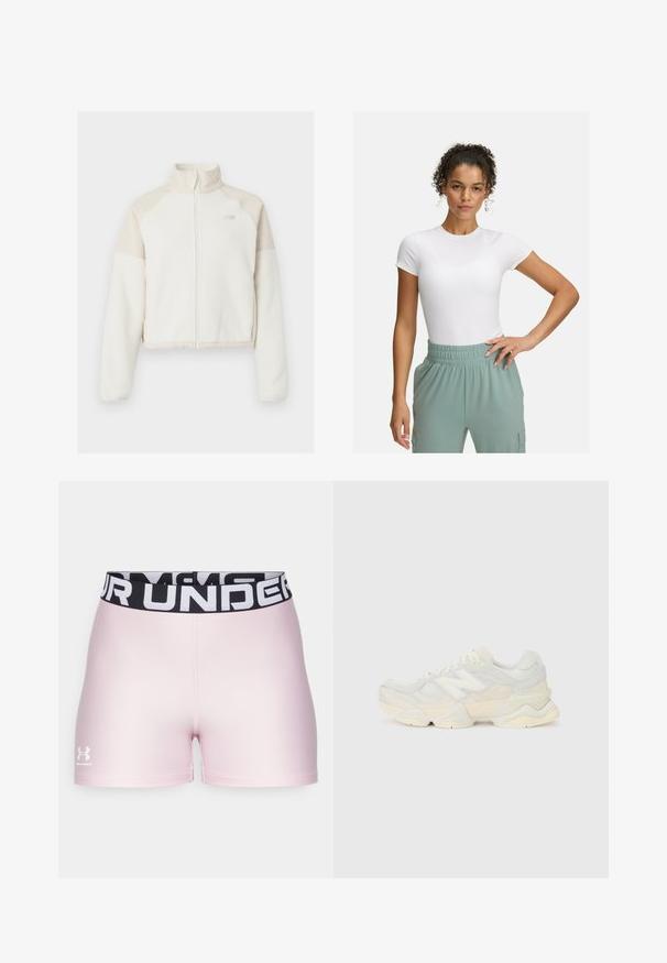 Afskåret fleecejakke i off-white med lyse beige accenter, fuld lynlås, høj krave og broderet logo på brystet. Blød tekstur.; Hvid tætsiddende t-shirt med korte ærmer, parret med lys grønne bukser med elastisk talje. Glat tekstur, minimalistisk design og ingen synlige mønstre.; Lyserøde sportsshorts lavet af glat materiale med en sort elastisk talje med hvid "UNDER ARMOUR" tekst. Logoet er placeret nederst til venstre.; Letvægtssneakers med en overdel i mesh og ruskind i bløde cremetoner, med en kraftig sål og tredimensionelle accenter.