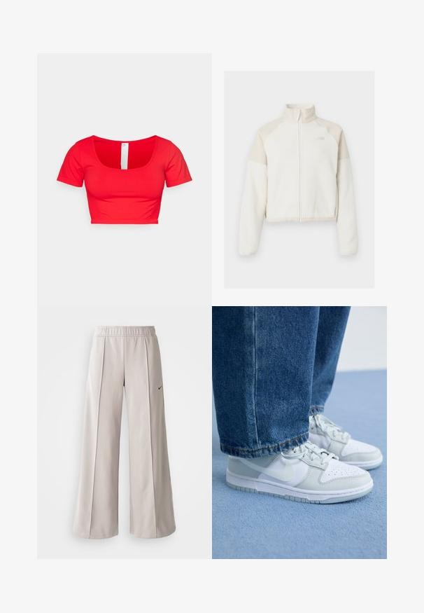 Afskåret fleecejakke i off-white med lyse beige accenter, fuld lynlås, høj krave og broderet logo på brystet. Blød tekstur.; Rød cropped t-shirt med korte ærmer, der har en scoop-udskæring og glat, strækbart stof. Enkel design uden mønstre eller udsmykninger.; Lys grå, vide bukser lavet af glat stof. Har et elastisk talje bånd og sort Nike-logo på venstre side.; Nike sneakers i hvidt og lysegråt læder med perforeret tå, flade snørebånd og gummisål, kombineret med blå denimjeans.