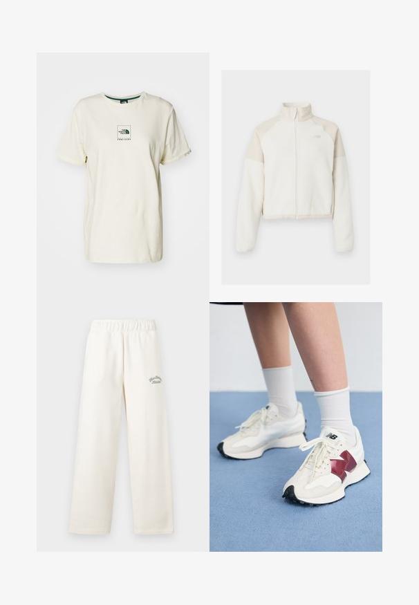 Geknipte fleecjacket in off-white met lichtbeige accenten, volle ritssluiting, hoge kraag en geborduurd logo op de borst. Zachte textuur.; The North Face COORDINATES TEE - T-shirt print - white dune; Crème kleurige wijde broek gemaakt van zacht materiaal met een elastische tailleband. Heeft subtiele groene geborduurde tekst aan de voorkant.; Een paar witte sneakers met bordeauxrode accenten, getextureerde panelen, een platte zwarte buitenzool en lichte veters, gedragen met witte enkelsokken.