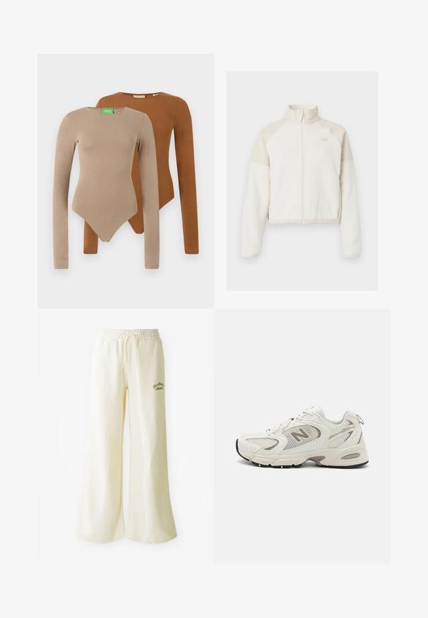 Zkrácená fleecová bunda v off-white s světle béžovými akcenty, s celopropínacím zipem, vysokým límcem a vyšitým logem na hrudi. Měkká textura.; Dvě dlouhé elastické body s kulatými výstřihy, jedno béžové a jedno hnědé, vystavené překrývající se na bílém pozadí.; Krémové široké tepláky s elastickým pasem a nastavovací šňůrkou. Vyšívaný zelený nápis "Athletic" vpředu. Měkká tkanina.; Bílé běžecké boty z síťoviny se šedými akcenty, kulatou špičkou, šněrovacím designem, polstrovanou podrážkou a výrazným logem "N" po straně.