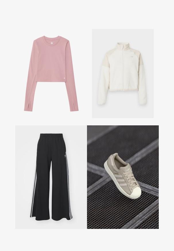 Lyhyt fleecetakki vaaleassa valkoisessa, jossa vaaleanbeigejä yksityiskohtia, täysipitkä vetoketju, korkea kaulus ja brodeerattu logo rinnassa. Pehmeä pinta.; Pitkähihaista lyhyttä toppia pehmeässä vaaleanpunaisessa kankaassa; siinä on pyöreä kaula-aukko, peukalolenkit hihaisissa ja pieni logo helmassa.; Mustat löysät verkkarit, joissa on joustava vyötärö, valkoiset sivuraidat ja brodeerattu logo vasemmassa reidessä.; Beige Adidas Superstar -lenkkari, jossa on teksturoitu nahkapinta, kolme sivuttaista raitaa, pyöreä varvaskansi sekä logo kielekkeessä ja kannassa.