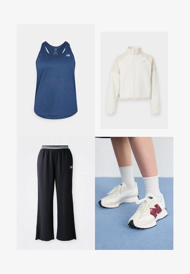 Kirptas polarinis džemperis off-white spalvos su šviesiai kreminiais akcentais, visiškai užtraukiama užtrauktuku, aukštu apykakle ir siuvinėtu logotipu ant krūtinės. Minkšta tekstūra.; Jūrinės mėlynos spalvos sportinė liemenė su apvaliu apvadu, lenkta atgal dizainu ir tekstūruotu audiniu. Priekyje yra mažas baltas logotipas.; Juodos sportinės kelnės su plačiais džinsais, elastinga juosta su juodais ir baltais dryžiais, ir šoninėmis skiriamomis detalėmis apatinėje dalyje.; Balti sportbačiai su bordo akcentais, tekstūriniais paviršiais, plokščiomis juodomis pado dalimis ir šviesiomis raišteliais, dėvimi su baltais kulkšnų ponoškais.