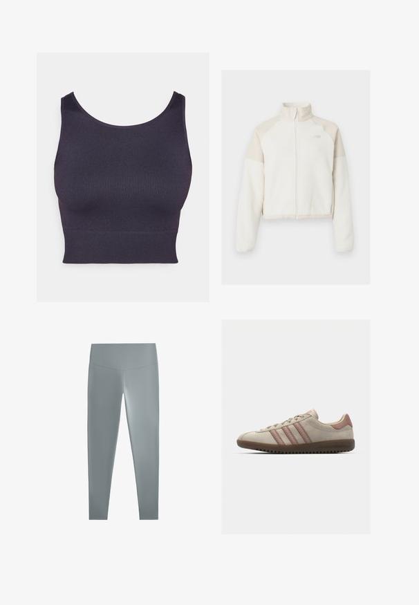 Kort fleecejacka i off-white med ljusbeiga detaljer, full dragkedja, hög krage och broderad logotyp på bröstet. Mjuk textur.; Mörklila sport-bh tillverkad i ribbat tyg, med rund halsringning och en åtsittande, kort design. Slät yta utan synlig hårdvara.; Grå leggings med ett slätt, stretchtåligt material, hög midja och en följsam siluett, utformade för komfort och rörelsefrihet.; Beige mockakängor med rosa detaljer, som har tre överlappande ränder, en texturerad tådel och en gummisula med spår.