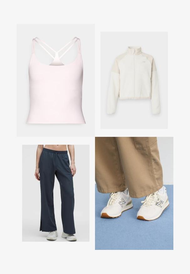 Giacca in pile tagliata di colore bianco sporco con dettagli in beige chiaro, chiusura a cerniera full zip, colletto alto e logo ricamato sul petto. Tessuto morbido.; Fabletics PRINCIPAL BUILT IN BRA TANK - Top - sugar pink; Pantaloni sportivi blu navy con vestibilità rilassata, vita regolabile e aperture laterali. Tessuto morbido e leggero adatto per l'abbigliamento attivo.; Scarpe da ginnastica bianche con una suola di gomma beige testurizzata. Presentano un dettaglio a stampa animale blu e lacci piatti beige, abbinate a pantaloni color cammello.