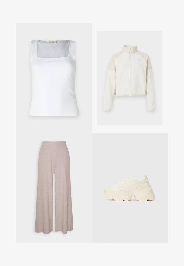 Strihaná fleecová bunda v off-white farbe s svetlo béžovými akcentmi, plný zips, vysoký golier a vyšívané logo na hrudi. Mäkká textúra.; Biele tielko s štvorecovým výstrihom vyrobené z hladkej látky. Má široké ramienka a priliehavý strih. Bez viditeľných vzorov alebo ozdôb.; Svetlo šedé široké nohavice vyrobené z mäkkej ribovaného materiálu, s vysokým pásom a dlhými nohami s jemnou textúrou.; Masívne biele tenisky vyrobené z texturovanej sieťoviny a syntetických materiálov, s hrubou podošvou a zložitými vzorovými detailmi na bokoch.