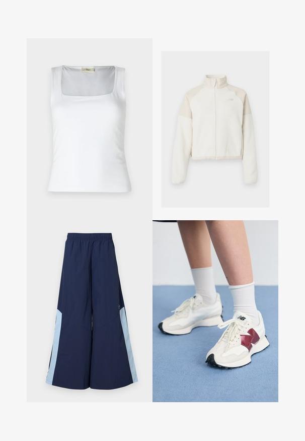 Rövidített, világos krémszínű gyapjúpulóver világos bézs részletekkel, teljes cipzárral, magas gallérral és hímezett logóval a mellen. Puha tapintású.; Fehér, négyzetnyakú ujjatlan felső sima anyagból. Széles pántokkal és testhezálló sziluettel rendelkezik. Nincsenek látható minták vagy díszítések.; Nadrág széles lábbal, tengerészkék színben, rugalmas derékkal, világoskék oldalsó panelekkel és sima textúrával. A kényelem és a szabad mozgás érdekében tervezték.; Fehér sneaker pár, bordó kiegészítőkkel, texturált panelekkel, lapos fekete talppal és világos fűzőkkel, fehér bokazoknival viselve.