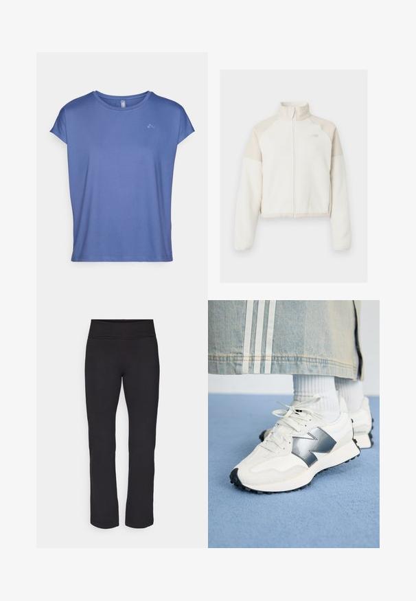 Geknipte fleecjacket in off-white met lichtbeige accenten, volle ritssluiting, hoge kraag en geborduurd logo op de borst. Zachte textuur.; Korte mouwen, rondhals t-shirt in lichtblauw, gemaakt van gladde stof. Beschikt over een subtiel logo op de borst en heeft een ontspannen, losse pasvorm.; Zwarte leggings van een gladde, rekbare stof met een brede tailleband. Ze hebben rechte, volle lengtes en geen zichtbare patronen of accenten.; Witte sport sneakers met een zilveren accent, textiel en glad leer; met een zwarte rubberen zool en veters.