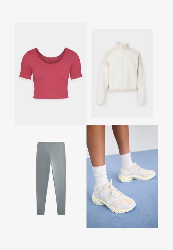 Strihaná fleecová bunda v off-white farbe s svetlo béžovými akcentmi, plný zips, vysoký golier a vyšívané logo na hrudi. Mäkká textúra.; Krátky rukáv kroplový top v jednofarebnej ružovej farbe, jemná textúra, okrúhly výstrih, priliehavý strih a úzky lem v oblasti pásu.; Sivé legíny z hladkej, elastickej tkaniny, s vysokým pásom a priliehavým strihom, navrhnuté pre pohodlie a jednoduchý pohyb.; Štýlové športové topánky v svetložltej a bielej farbe, vyrobené z sieťoviny a syntetických materiálov, s zaobleným tvarom a textúrovanými podrážkami.
