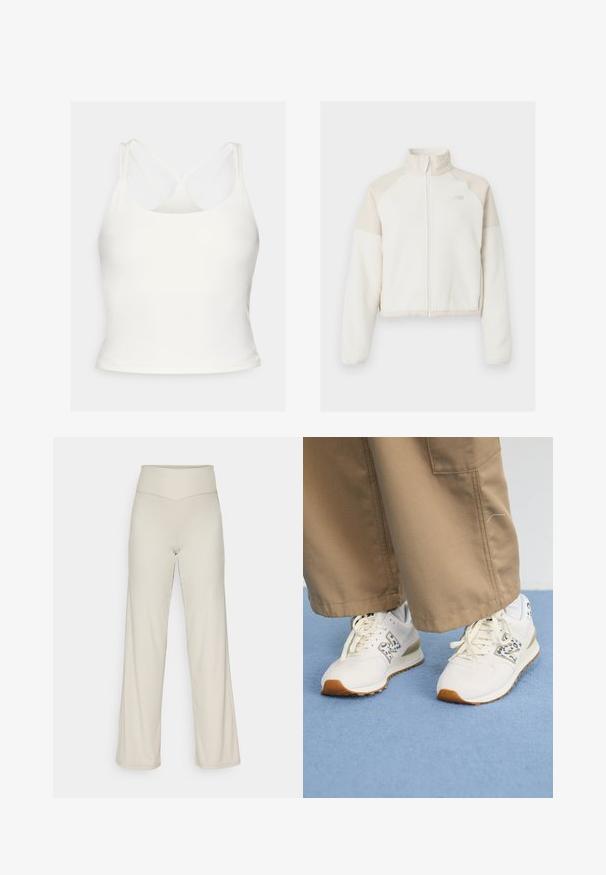 Kirptas polarinis džemperis off-white spalvos su šviesiai kreminiais akcentais, visiškai užtraukiama užtrauktuku, aukštu apykakle ir siuvinėtu logotipu ant krūtinės. Minkšta tekstūra.; Fabletics PRINCIPAL BUILT IN BRA TANK - Viršus - bone; Šviesiai rudos plataus kirpimo kelnės su įrengta tekstūra, aukštu juosmeniu ir tiesiu kirpimu. Pabaigoje yra subtilus plyšys.; Balti sportiniai bateliai su tekstūruotu, béžo gumuotu padu. Jie turi mėlyną gyvūnų rašto akcentą ir plokščias béžo spalvos raištelius, derinami su šviesiai rudos spalvos kelnėmis.