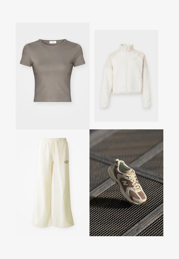 Afskåret fleecejakke i off-white med lyse beige accenter, fuld lynlås, høj krave og broderet logo på brystet. Blød tekstur.; Kortærmet T-shirt med rund hals i taupe, lavet af glat bomuld. Har et tætsiddende design og fine sting langs kanten og ærmerne.; Cremefarvede sweatpants med vide ben, elastisk talje og justerbar snor. Broderet grønt "Athletic" tekst foran. Blødt materiale.; Beige og brun atletisk sko med mesh-overdel, polstret sål og snørefunktion. Features logoaccent og teksturerede overlays.