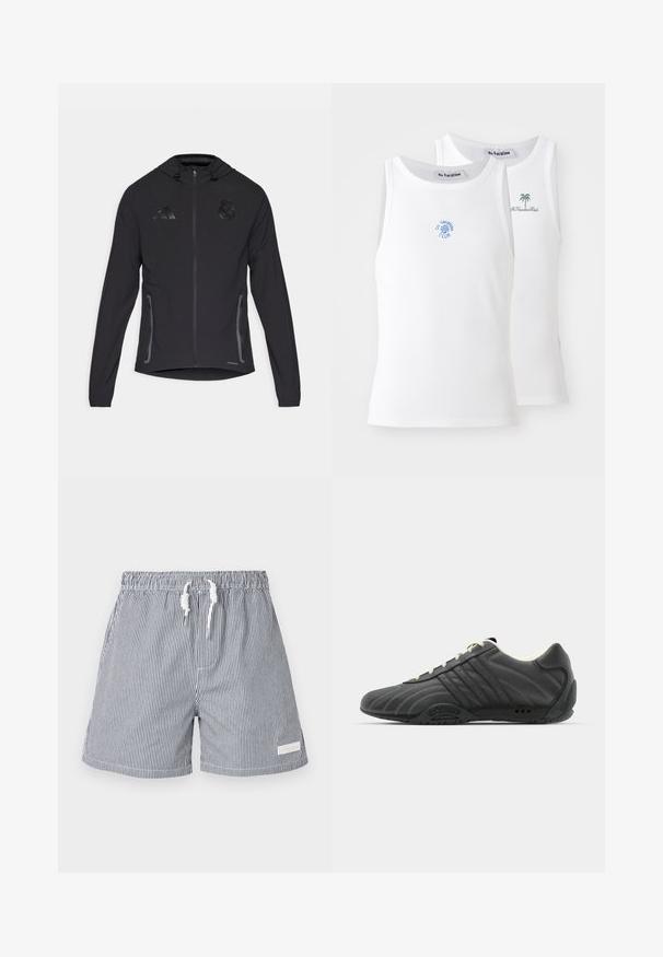 Black athletic jacket featuring a front zipper, drawstring hood, side pockets, and textured logo accents. Made from lightweight fabric.; Two white tank tops, ribbed texture, featuring blue and green embroidered logos. One has a sun design, the other a palm tree.; Striped swim shorts in navy and white. Made of lightweight material with an elastic waistband, drawstring closure, and side pockets.; adidas Originals ADIRACER UNISEX - Trainers - core black/cream white