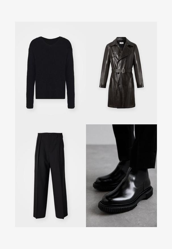 Crni kožni dublirni kaput s dva reda gumba, remenom u struku, oštrom kragnom i dugim rukavima. Glatka tekstura, minimalni detalji s hardverom.; Filippa K SOFT V NECK SWEATER - Vesta - black; Crne plisirane hlače s ravnim širokim nogavicama. Izrađene od glatkog materijala, s dugmadi za zatvaranje i petljama za remen.; Crne kožne čizme Chelsea s glatkom završnom obradom, elastičnim bočnim panelima i debelim, teksturiranim gumenim potplatom s robusnim uzorkom.