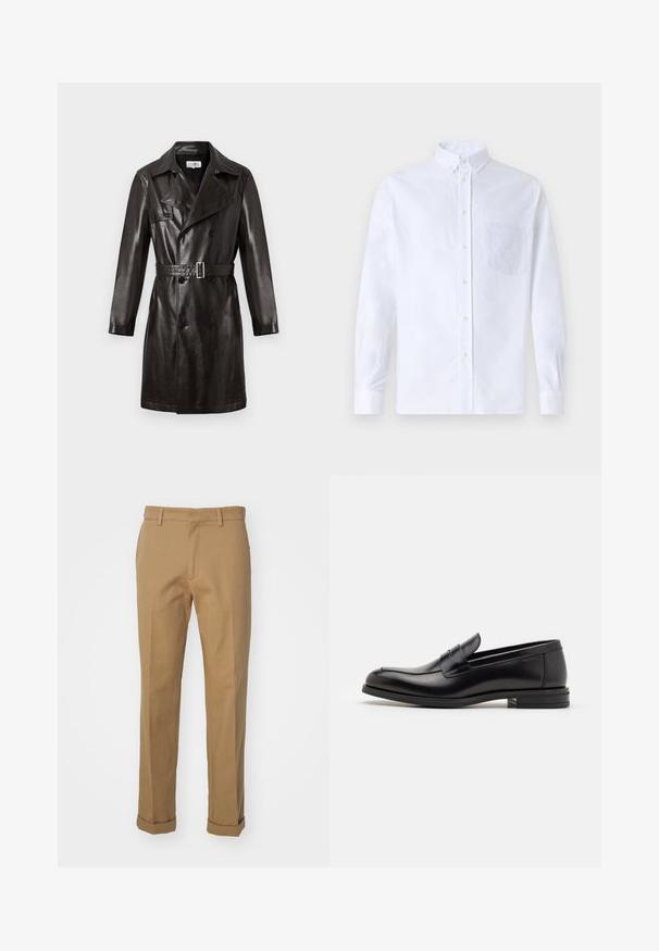 Čierny kožený dvojradový trenčkot s opaskom v páse, špicatým golierom a dlhými rukávmi. Hladká textúra, minimálne kovové detaily.; Biely dlhý rukáv košeľa s gombíkmi vyrobená z bavlny, s náprsného vrecka s tonálnou výšivkou, golierom a gombíkovými manžetami.; Hnedé bavlnené nohavice so rovnými nohavicami, so zvinutým lemom, s dvoma prednými vreckami a hladkým povrchom.; Čierne kožené mokasíny s hladkou textúrou, zaoblenou špičkou a dekoračným pásikom cez priehlavok. Nízky vrstvený opätok, minimalistický dizajn.