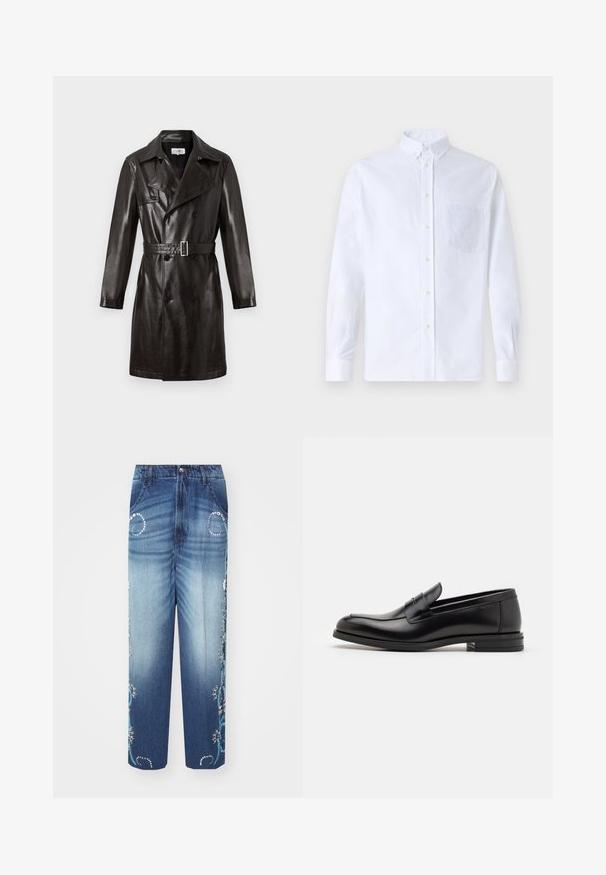 Juodas odinis dvigubos sagos paltas su diržo juosmeniu, smailiu apykakle ir ilgomis rankovėmis. Lygus paviršius, minimalus detalės.; Balta ilga rankovė mygtukų marškiniai, pagaminti iš medvilnės, su krūtine kišene ir toniniu siuvinėjimu, apykakle ir mygtukų apvadu.; Mėlynos džinsinės plačios kelnės su nublukusiu atspalviu, sudėtingu mėlynu gėlių siuvinėjimu ir dekoratyviniais sidabro akcentais ant kišenių.; Juodos odinės loafers, turinčios lygų paviršių, apvalią noselę ir dekoratyvinę juostą per priekinę dalį. Žemas krentantis kulnas, minimalistinis dizainas.