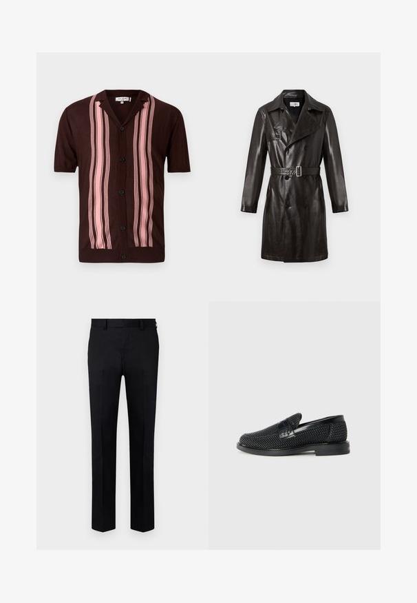 Černý kožený dvouřadový trench coat s páskem v oblasti pasu, špičatým límcem a dlouhými rukávy. Hladká textura, minimální detaily hardware.; Hnědá košile s krátkým rukávem a límečkem, se svislými růžovými pruhy a černými knoflíky, vyrobená z lehkého pleteného materiálu.; Černé kalhoty z hladkého materiálu, s rovnými nohavicemi, předním skladem a poutky na opasek v pase. Žádné viditelné vzory ani akcenty.; Černé pletené nazouvací boty s hladkým koženým akcentem na svršku, kulatou špičkou a nízkoprofilovou gumovou podrážkou.