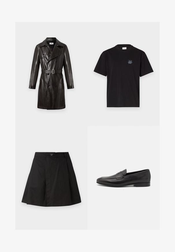 Black leather double-breasted trench coat with a belted waist, pointed collar, and long sleeves. Smooth texture, minimal hardware details.; Black cotton t-shirt with a crew neck and short sleeves. Features a small blue logo on the left chest. Simple, straight-cut design.; Black A-line skirt made of cotton, featuring a waistband with a small metallic accent, pleat detail, and a clean hemline.; Black leather men's loafer with a low heel and a classic penny strap design, shown in side profile on a white background.