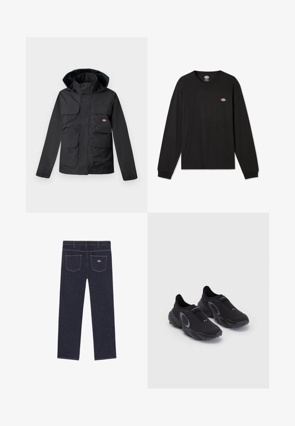 Fekete vízálló dzseki kapucnival, négy elülső zsebbel, cipzáras záródással és rugalmas mandzsettákkal. Simaságával és funkcionális kialakításával tűnik ki.; Fekete, hosszú ujjú pamut póló, bal mellel egy kis, több színű Dickies logóval és bordázott mandzsettákkal.; Sötétkék farmernadrág, egyenes szabással, két hátsó zsebbel és kontrasztos sárga cérnázással. Márkajelzés a jobb zsebben.; Fekete slip-on sportcipők texturált felsőrészével és gumitalpával. Szürke kör alakú díszítéssel és rugalmas pánttal a lábfej felett a megfelelő illeszkedés érdekében.