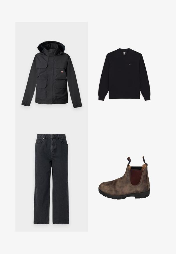 Zwarte waterdichte jas met een capuchon, voorzien van vier voorzakken, een ritsluiting en elastische manchetten. Glad textuur, functioneel ontwerp.; Zwart langemouwen t-shirt gemaakt van katoen, met een ronde hals en ribgebreide manchetten, voorzien van een klein merkembleem op de borst.; Donkerblauwe denimbroek met een wijde pijp, vijf zakken en een knoopsluiting. Inclusief hardware in koperkleur en een subtiele textuur.; Bruine leren enkellaars met elastische zijpanelen, gestructureerde afwerking, zwarte rubberen zool en aantrekloop aan de hiel voor eenvoudig aan- en uittrekken.