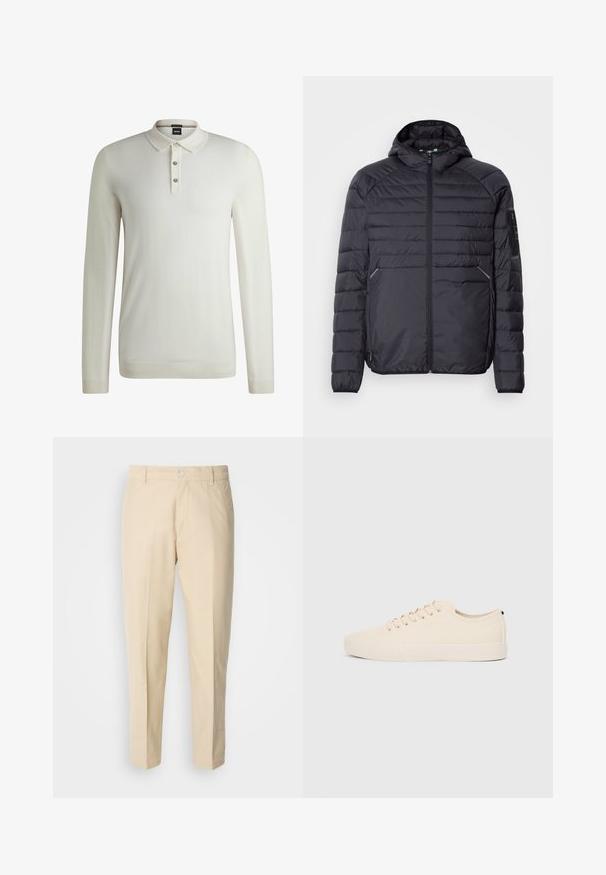 Juoda pūkinė striukė su užtrauktuku, gaubtu ir raukšlėtomis rankogaliais. Yra skyrių dizainas ir šoninės kišenės, pagaminta iš lengvos sintetinės medžiagos.; BOSS Džemperis - open white eleven; Šviesiai smėlio spalvos chino kelnės su tiesia kojų linija, audinys yra lygus, su priekinėmis mygtukų uždarymo detalėmis ir dviem šoninėmis kišenėmis.; Šviesiai rudos drobės sportbačiai su apvalia nosimi, plokščiu guminiu padu ir raišteliais priekyje. Pasižymi minimalizmu ir juodu akcentu kulne.