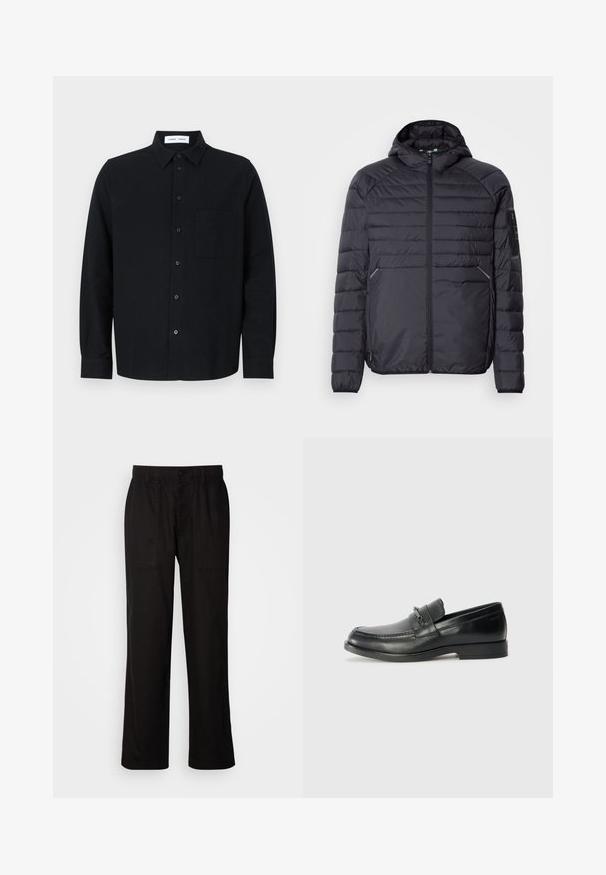 Melnā pūkainā jaka ar rāvējslēdzēju, kapuci un ribinātām piedurknēm. Iekļauj paneļu dizainu un sānu kabatas, izgatavota no viegla sintētiska materiāla.; Melns krekls ar pogām un apkakli, vienu krūšu kabatu, garām piedurknēm un taisnu apakšmali. Izgatavots no raupjas auduma.; Melnas bikses ar brīvu piegriezumu, izgatavotas no viegla auduma. Tām ir elastīga jostasvieta, pogu aizdare un divas priekšējās kabatas.; Melni ādas loafers ar noapaļotu purngalu, ar stūrainu dizainu, nelielu priekšējo siksniņu ar metāla akcentiem un plakanu gumijas zoli.