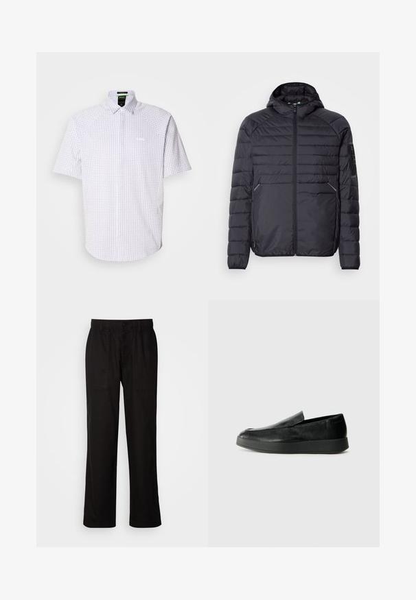 Juoda pūkinė striukė su užtrauktuku, gaubtu ir raukšlėtomis rankogaliais. Yra skyrių dizainas ir šoninės kišenės, pagaminta iš lengvos sintetinės medžiagos.; Balta trumpomis rankovėmis mygtukinė marška su mėlynu languotu raštu. Yra klasikinis apykaklė ir subtilus logotipas krūtinėje.; Juodos kelnės su laisvu siluetu, pagamintos iš lengvos medžiagos. Yra elastingas juosmuo, mygtuko užsegimas ir dvi priekinės kišenės.; Calvin Klein HYBRID CUP - Įmautiniai batai - triple black