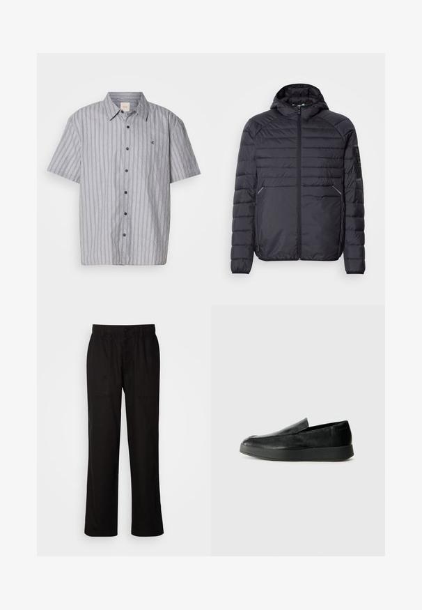 Zwarte pufferjack met ritssluiting, capuchon en geribbelde mouwen. Heeft een gestreept ontwerp en zijzakken, gemaakt van lichtgewicht synthetisch materiaal.; Korte mouwen, knoopsluiting shirt gemaakt van lichte stof met blauw-witte verticale strepen. Heeft een klassieke kraag en een borstzak.; Zwarte broek met een relaxte pasvorm, gemaakt van lichte stof. Voorzien van een elastische tailleband, knoopsluiting en twee zijzakken.; Calvin Klein HYBRID CUP - Instappers - triple black
