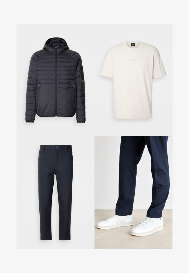 Fekete puffertakó kabát cipzárral, kapucnival és bordázott mandzsettákkal. Paneles kialakítással és oldalzsebekkel rendelkezik, könnyű szintetikus anyagból készült.; BOSS TEE - Basic póló - open white; Sötétkék, sima anyagból készült, testre szabott nadrág, cipzáros zsebbel, egyenes lábakkal és gombos záródással a derék részen.; Fehér sportcipők lyukacsos részletezéssel az orrnál és az oldalukon, sötétkék nadrággal, semleges háttérrel a padlón.