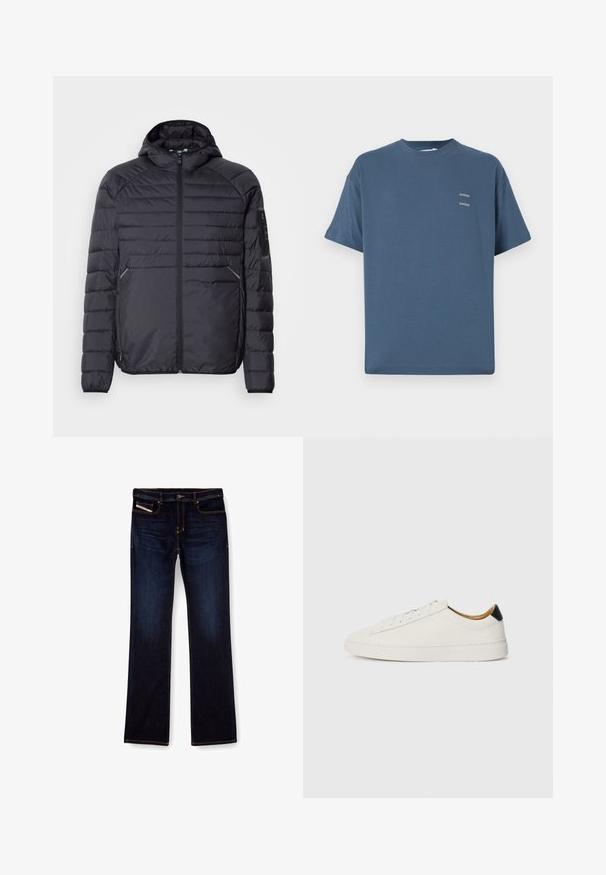 Chaqueta acolchada negra con cierre de cremallera, capucha y puños acanalados. Presenta un diseño de paneles y bolsillos laterales, fabricada en material sintético ligero.; Camiseta de algodón azul con cuello redondo clásico, mangas cortas, corte relajado y dos pequeños logotipos impresos en el pecho. Textura suave.; Jeans de mezclilla de color azul oscuro con corte recto, con costuras naranjas, cremallera en la bragueta y bolsillos delanteros. Textura suave y cinturilla estándar.; Zapatilla blanca con parte superior de cuero suave, punta redonda y suela plana. Acento negro en el talón, con cordones tonales y un branding minimalista.