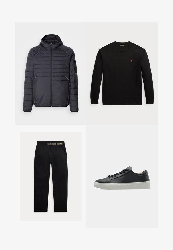 Black puffer jacket with a zip closure, hood, and ribbed cuffs. Features a paneled design and side pockets, made from lightweight synthetic material.; Black long-sleeve t-shirt made of cotton. Features a crew neck, ribbed cuffs, and a small red embroidered logo on the chest. Smooth texture.; Black pants made of lightweight fabric, featuring an elastic waistband with an integrated green belt, straight-leg cut, and side pockets.; Black leather sneaker with a smooth texture, round toe, and black laces. Features a thick, white rubber sole with subtle geometric accents.